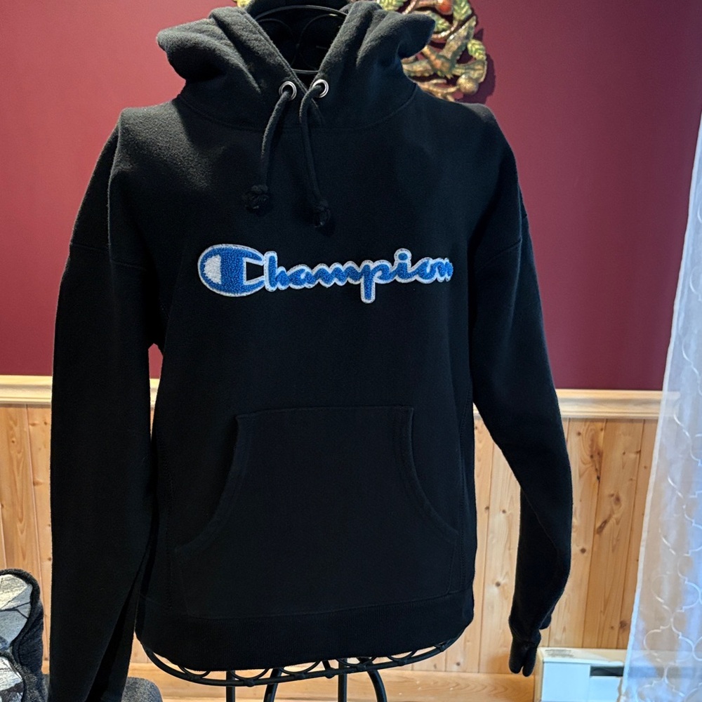 Champion Black hoodie with Blue Emblem reverse weave